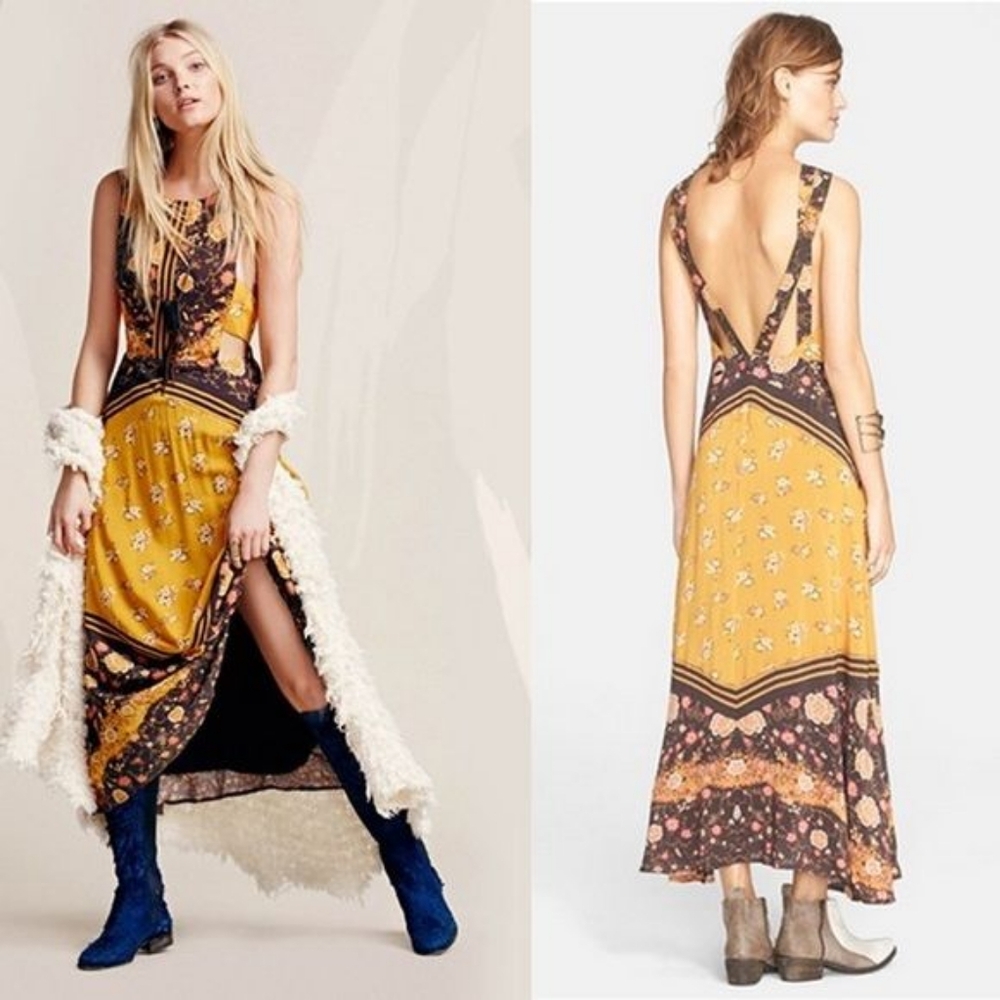 Free People Backless Yellow Floral Midi Dress Sunrise Oblivion 0